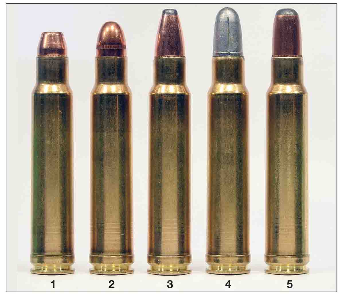 A cross-section of loads for the .358 Norma Magnum include the (1) Sierra 125-grain JHP, (2) Sierra 170 FMJ, (3) Speer 180, (4) 200-grain cast bullet and a (5) Sierra 200 roundnose.
